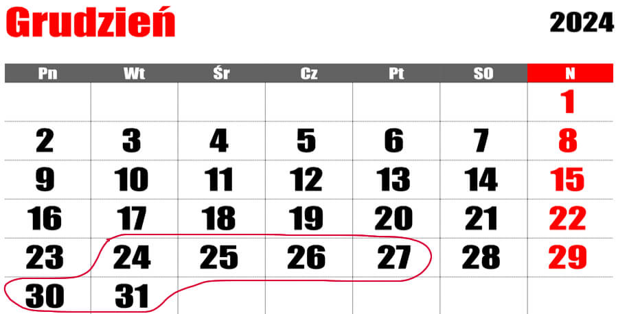 Przerwa świąteczno - noworoczna 2024